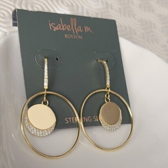 Isabella M Gold Plated Sterling Silver Round Circle Crystal Dangle Earrings - Picture 3 of 6